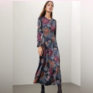 FARM Rio Blue Floral Maxi Dress Long Sleeve Zip Front Satin A-Line‎ Sz M
